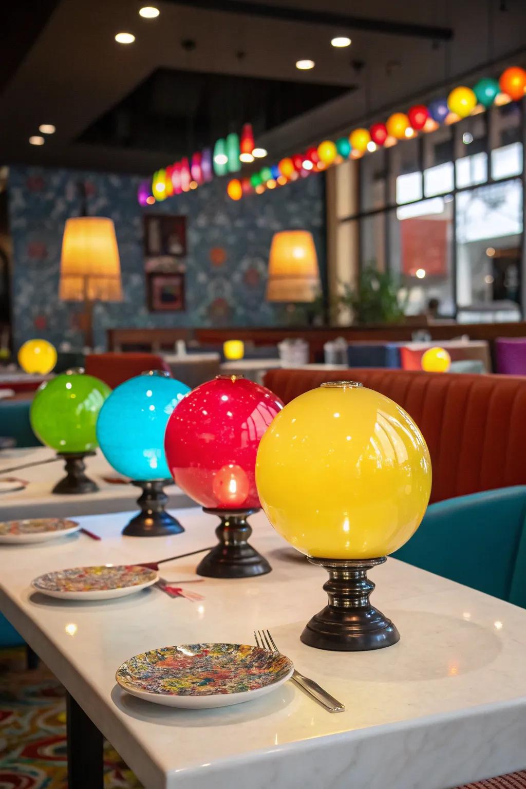 Vibrant glass orb table lamps upon a restaurant table, framed by expressive decor.