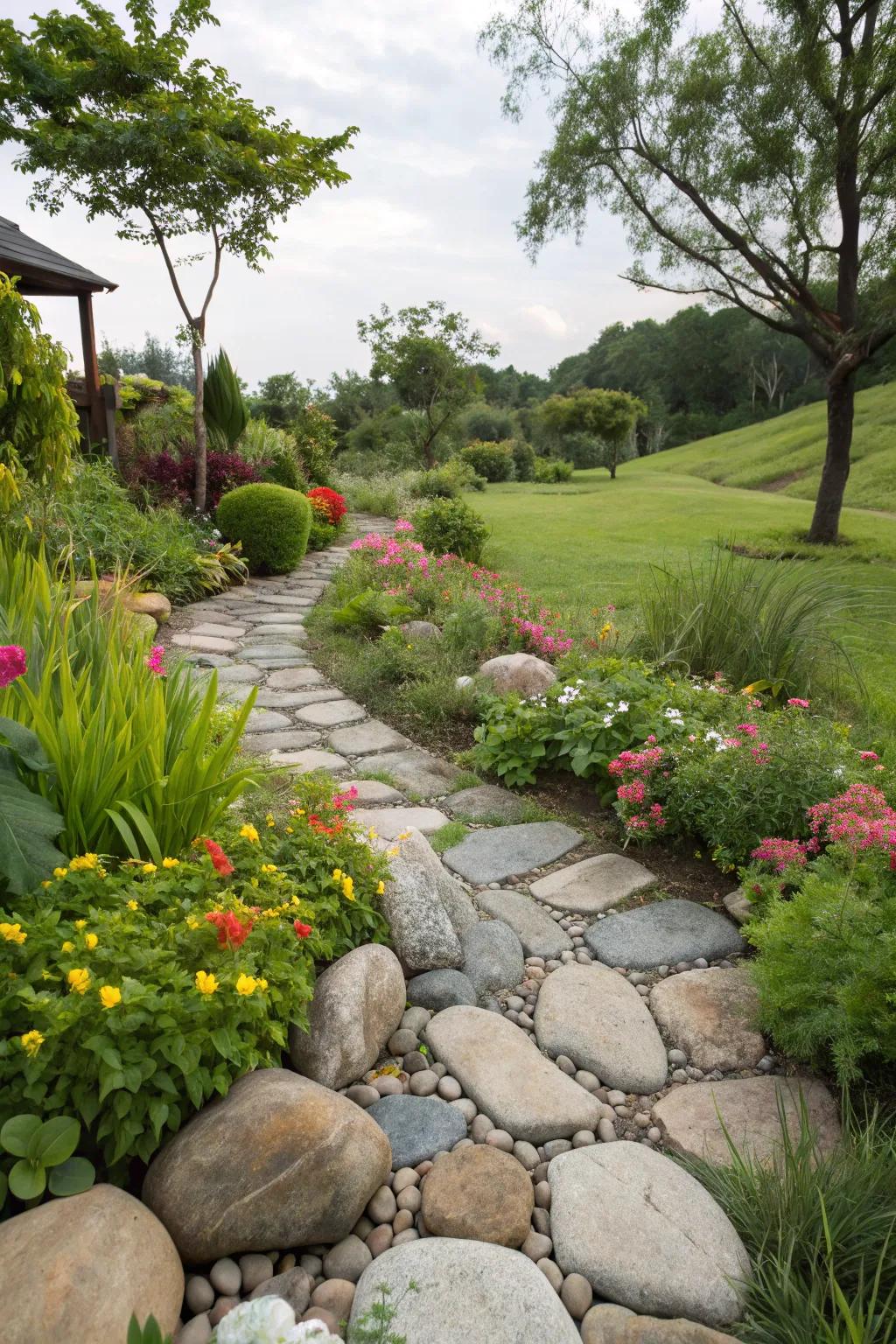 An inviting garden trail is accentuated by rock borders, guiding guests through rich foliage.