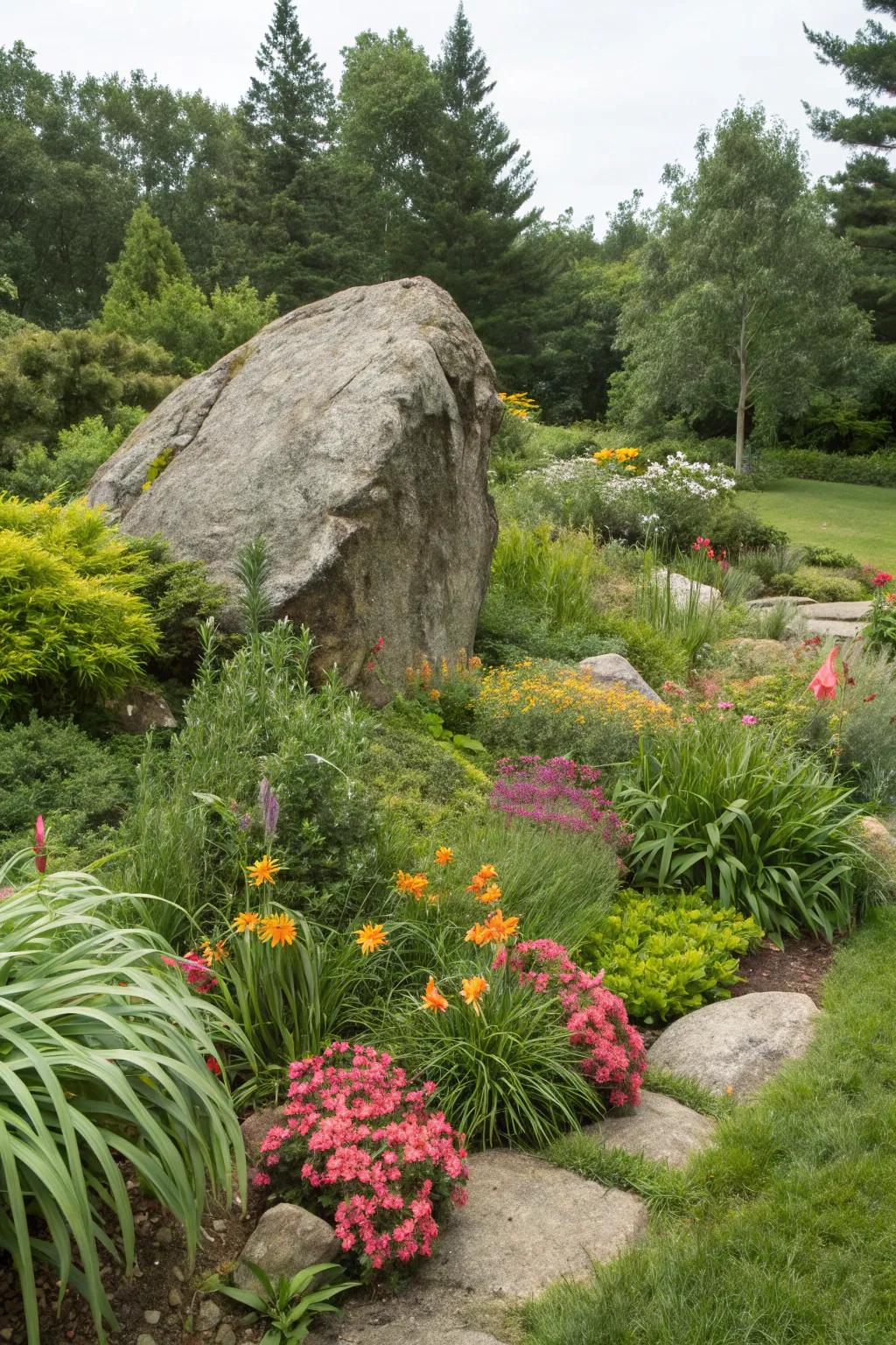 An accent boulder serves as an artistic centerpiece in the garden.