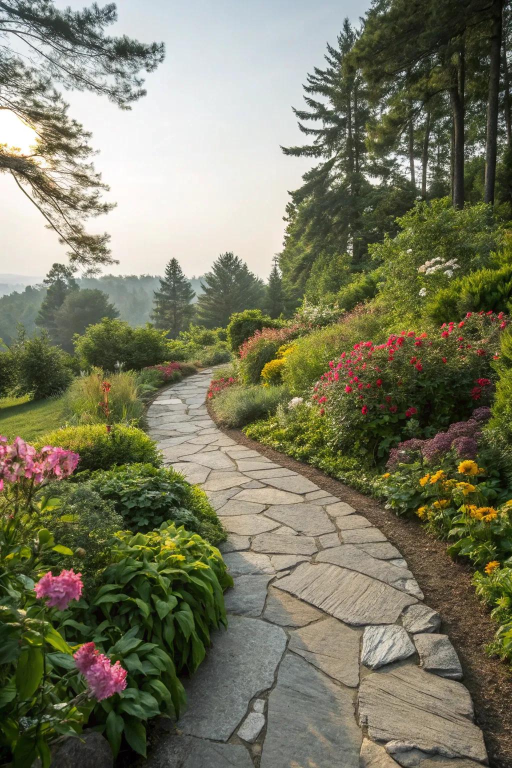Winding paths foster a sense of movement and welcome in outdoor environments.