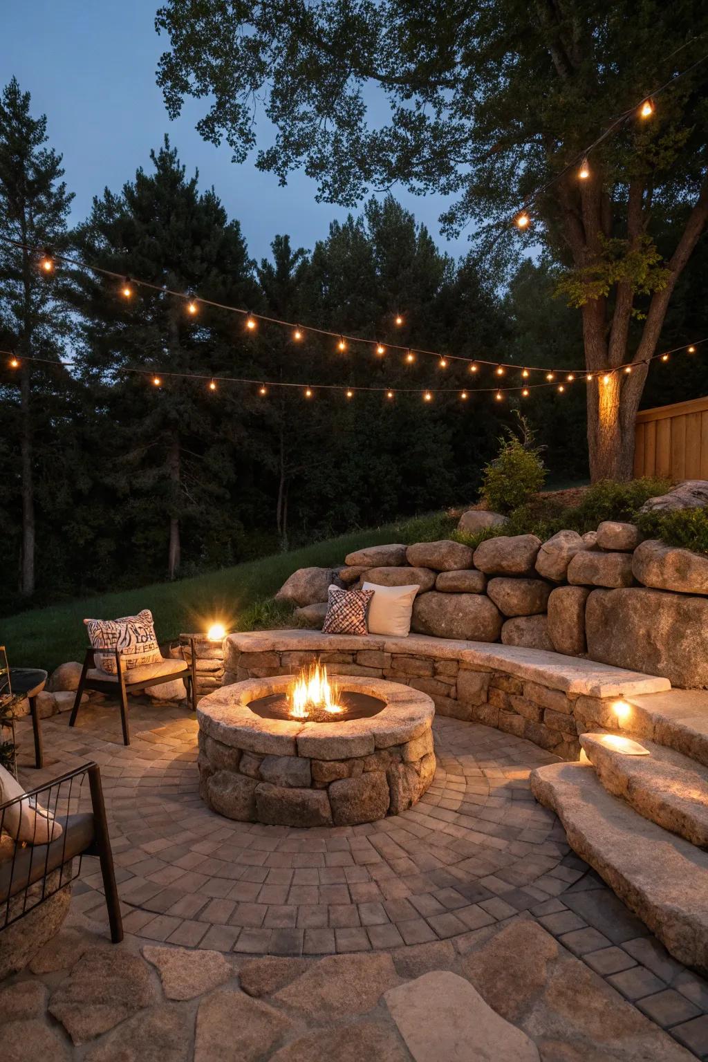 An inviting fire pit space with stone structure seating, ideal for nighttime festivities.