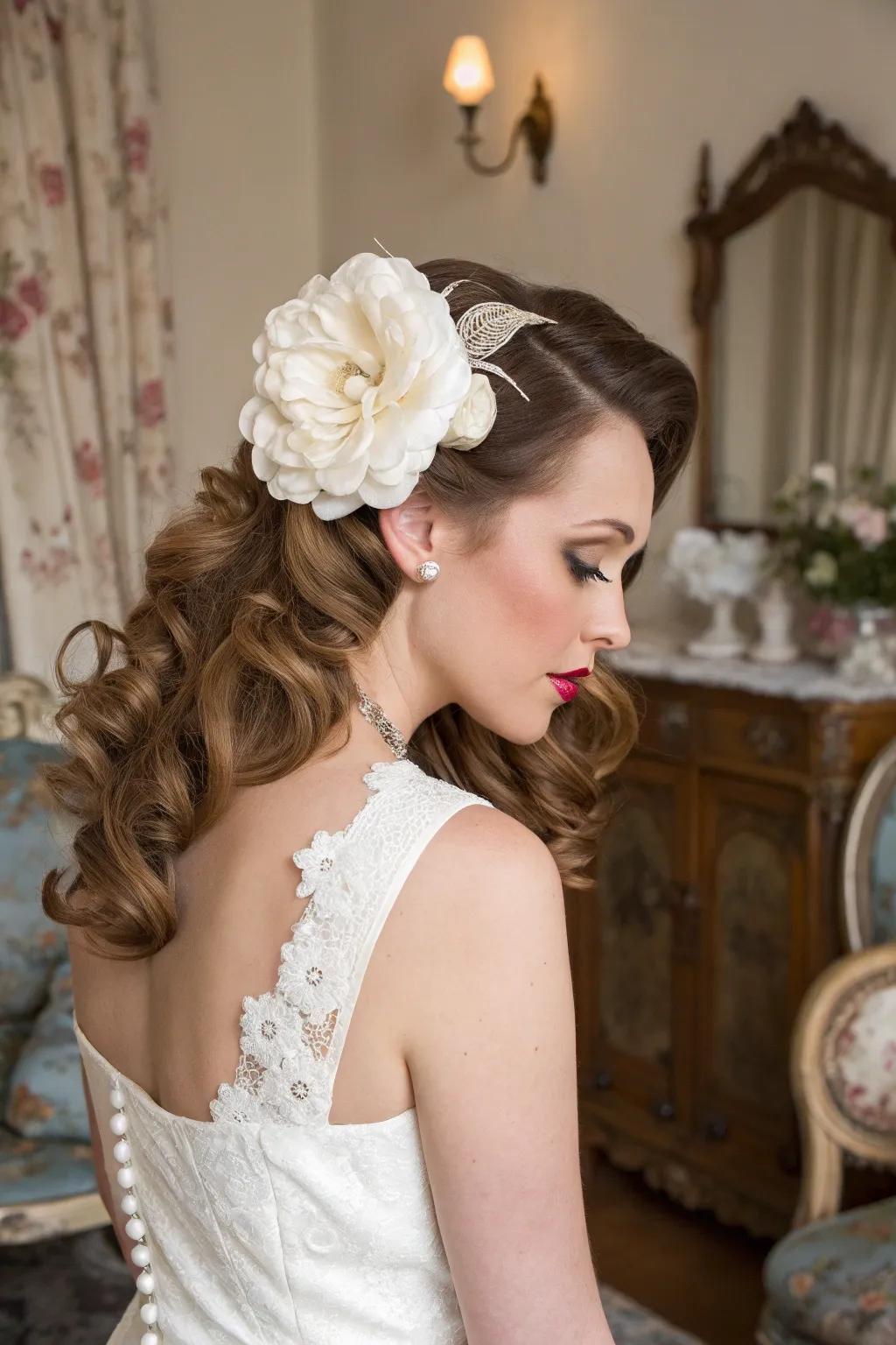 A bride flaunts a glamorous retro hairstyle for her rockabilly wedding.