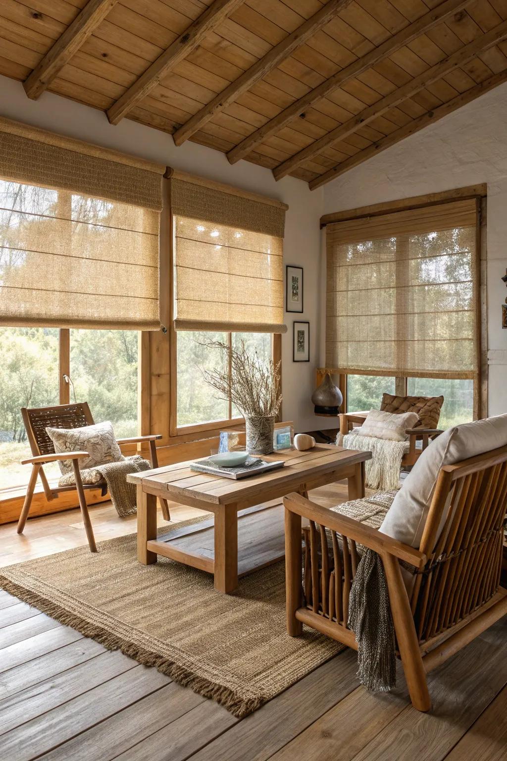 Woven blinds bring an element of nature to a cozy family area.