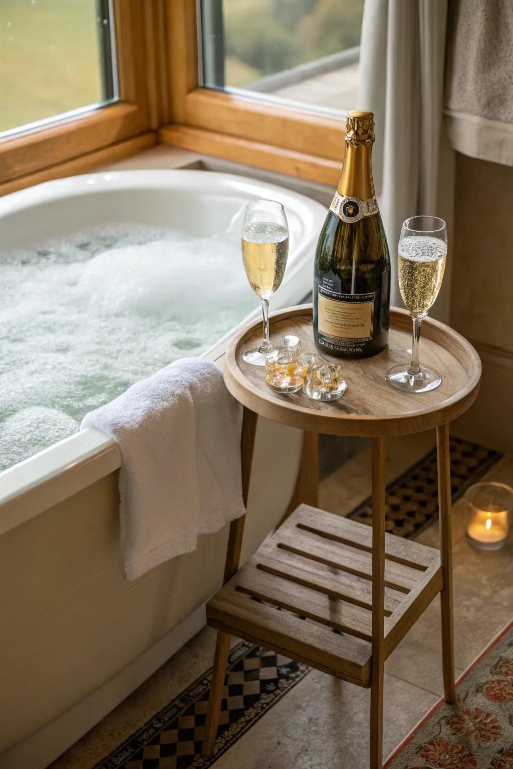 Celebrate your affection with a glass of sparkling wine amidst a soothing bath.