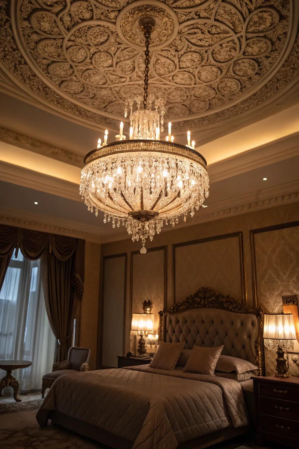 A crystalline chandelier contributes sophistication and warmth to this royal bedroom.