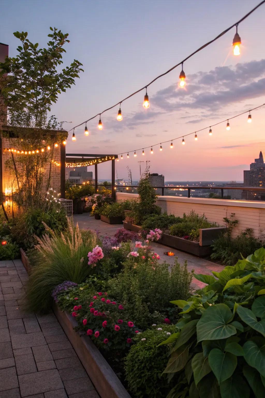 The rooftop transforms into a magical nighttime retreat with ambient lighting.