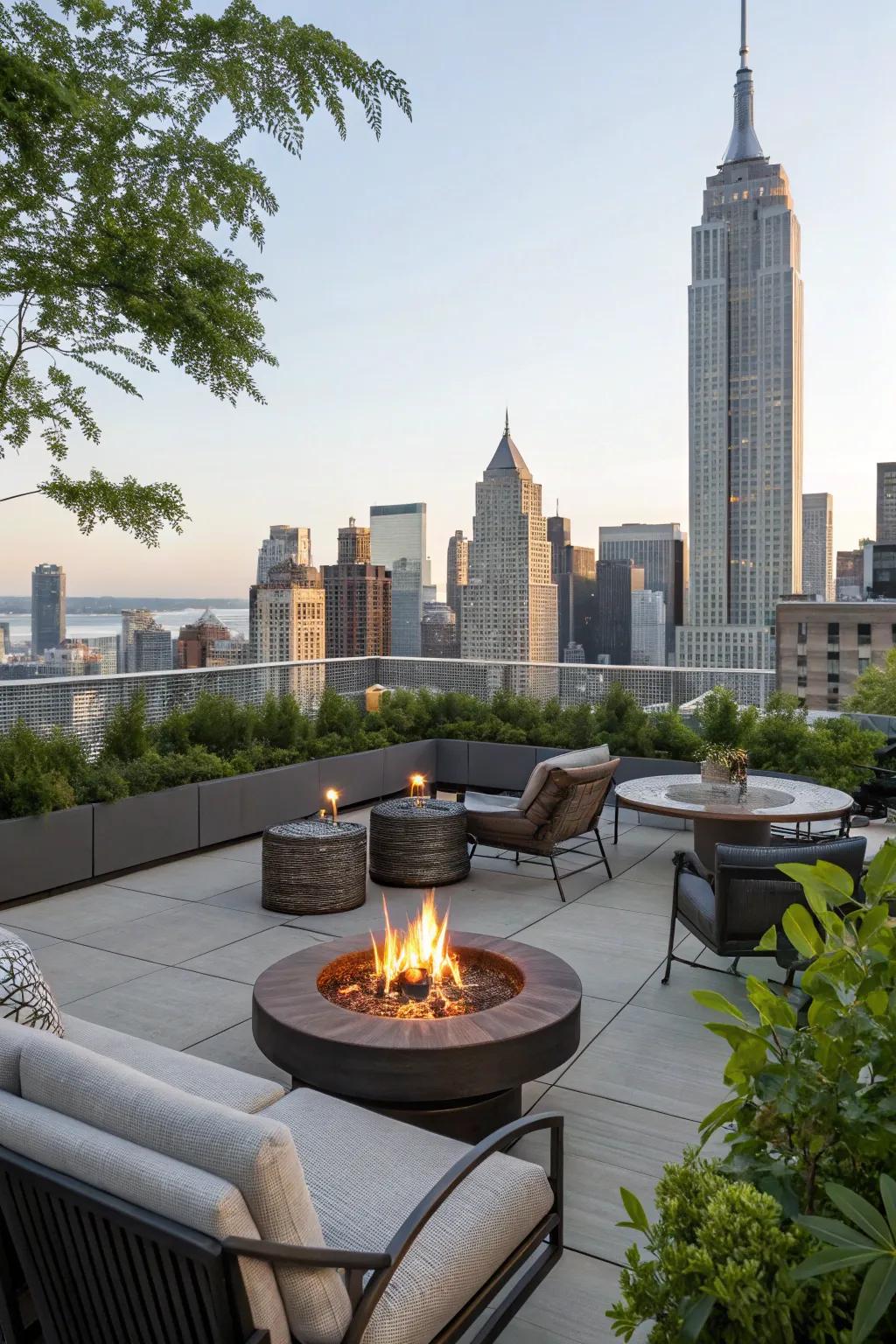 A brazier adds warmth and serves as a focal point on your rooftop.