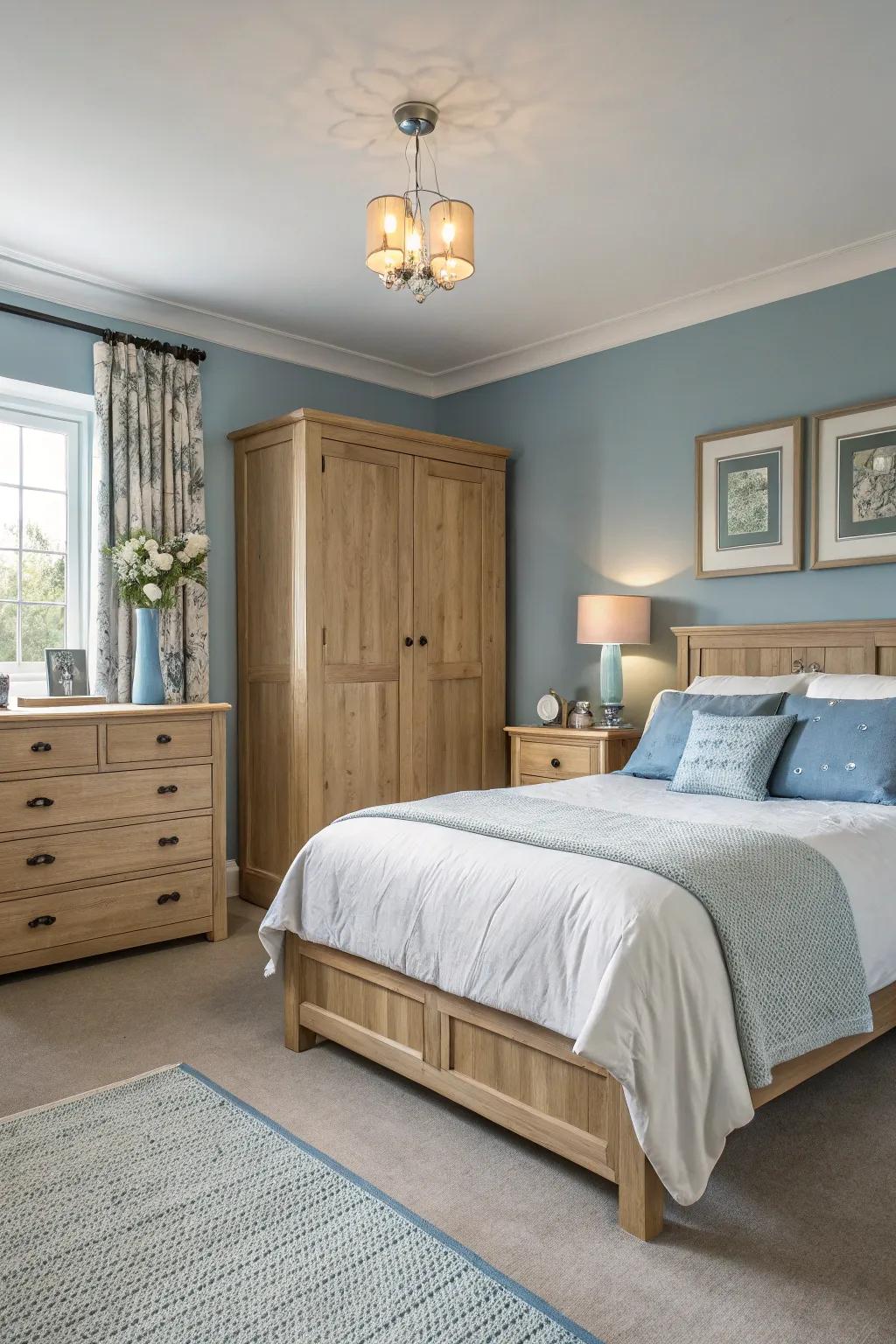 A serene bedroom bathed in relaxed azure shades and soft timber accents, creating a sanctuary of peace.