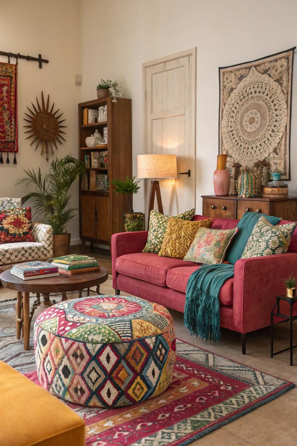 A varied living room brimming with personality and flair.