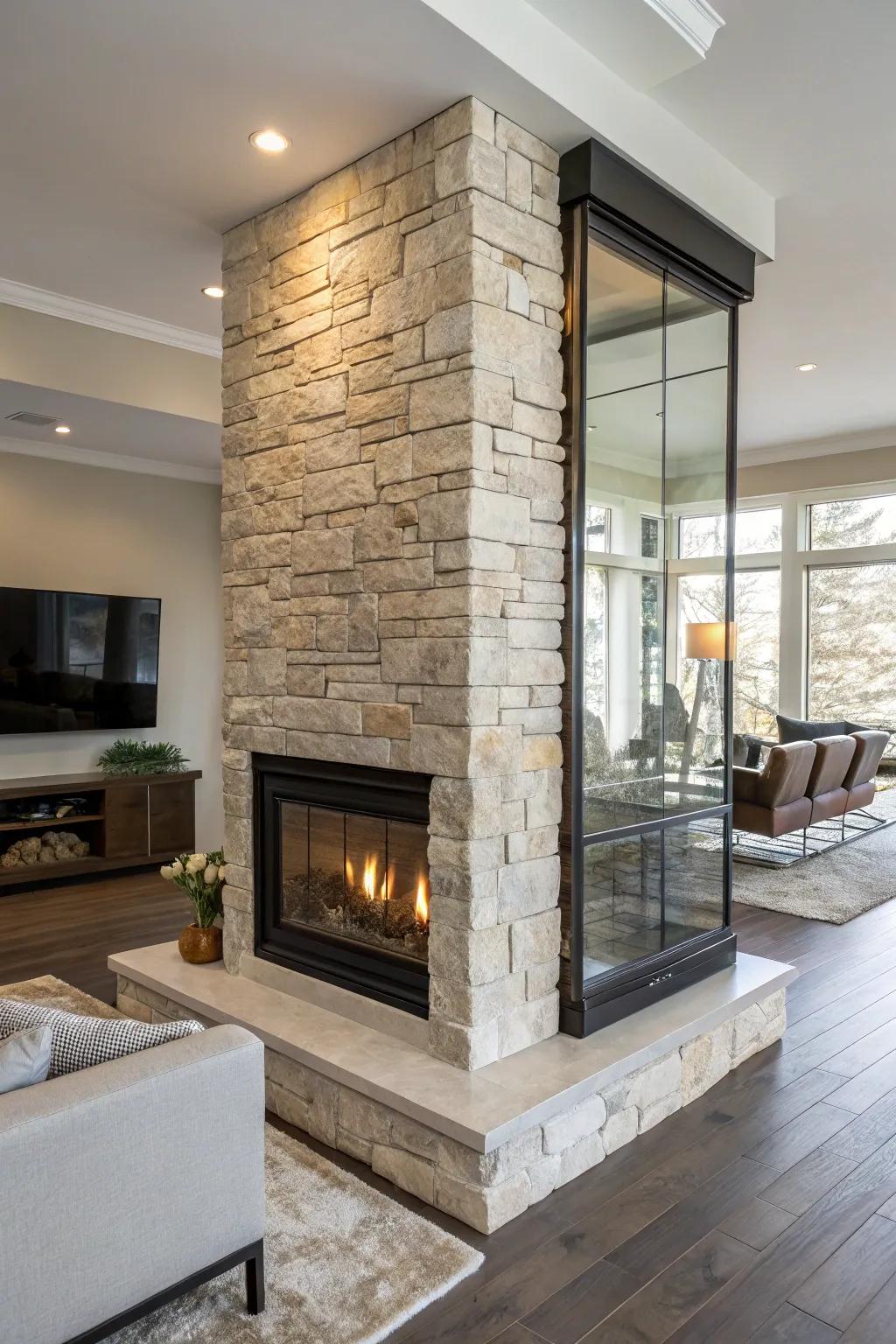 Stone and glass come together to form a stunning room divider fireplace.