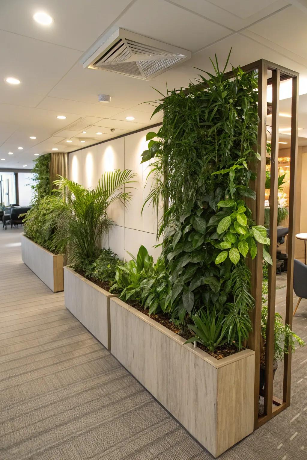 A zone divider low wall with built-in planters, adding a natural element indoors.