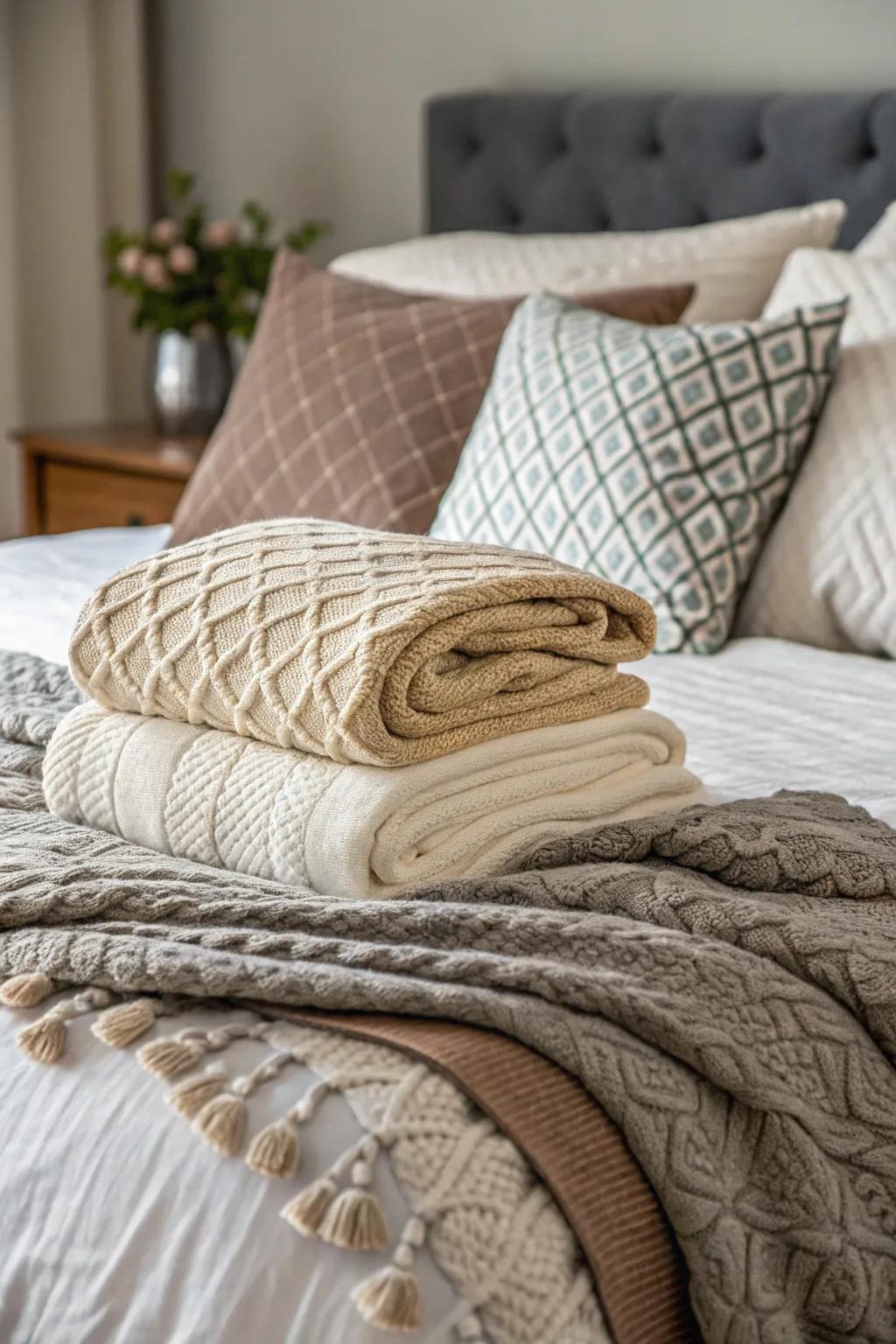 Textured bedding provides additional warmth and solace.