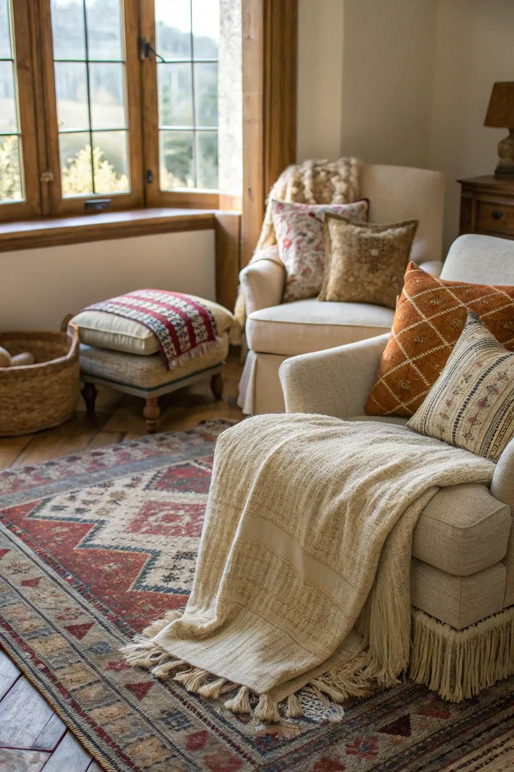 A space is enhanced with varied textures like rugs and throws, contributing to its overall depth.