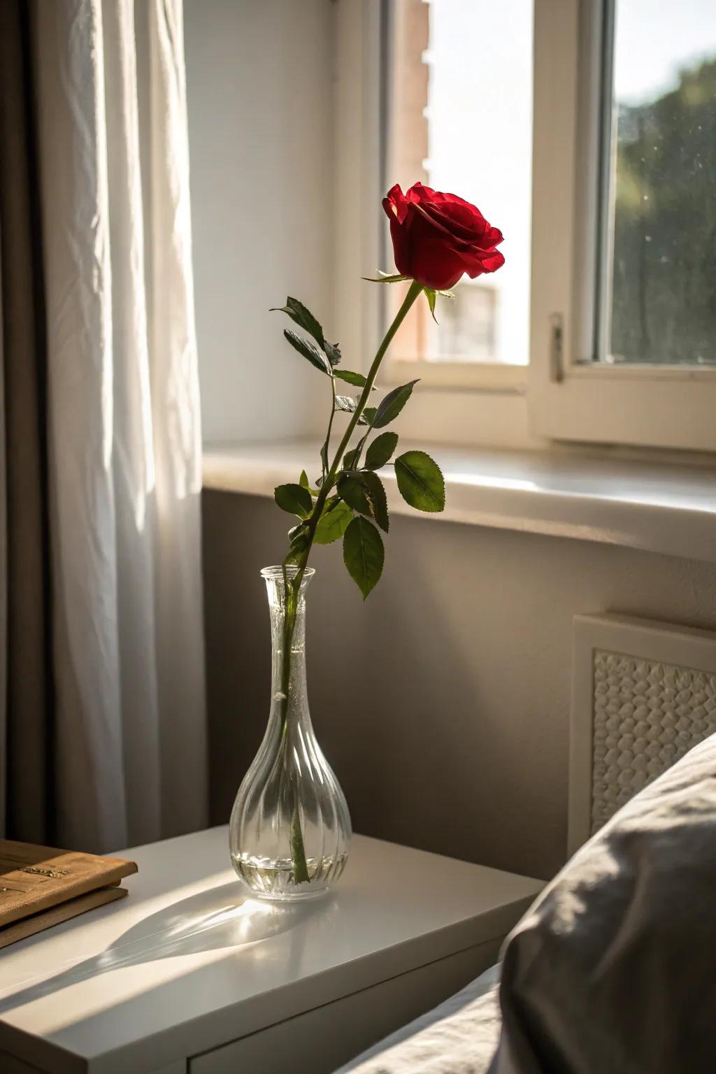 Sophisticated plainness showcasing a solitary rose within a svelte vase.