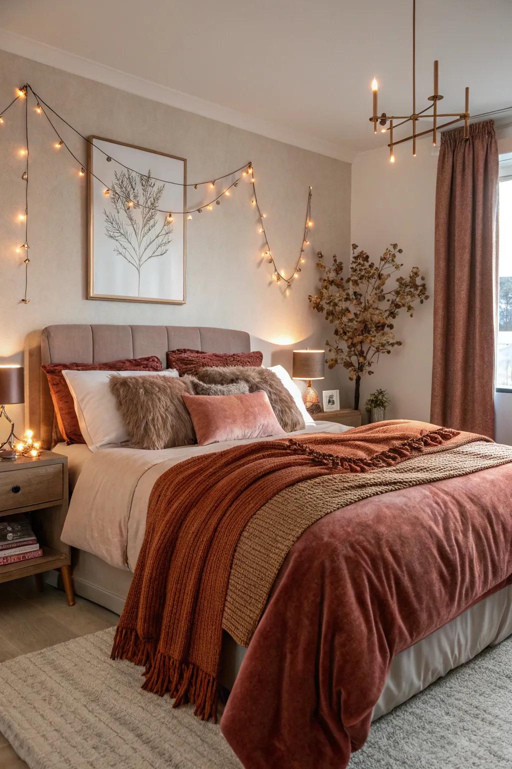 Sienna hues and blush-tone blend flawlessly for a cozy atmosphere.