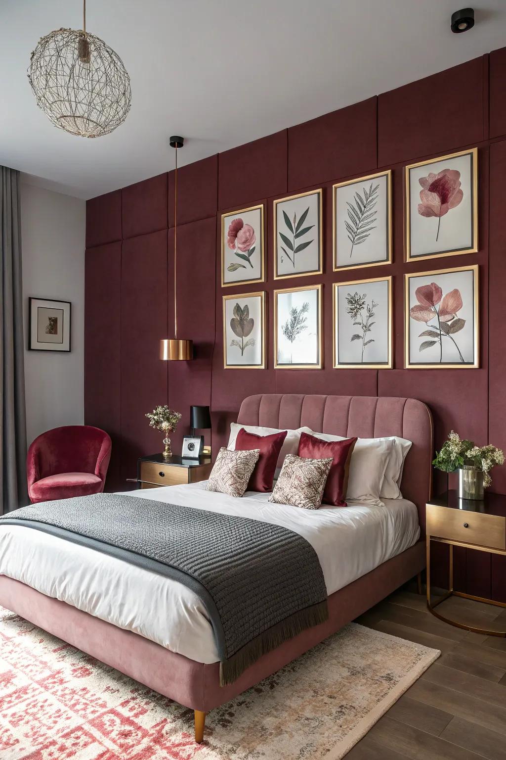 A wine-dark emphasize wall offers an impressive background for petal metal design.