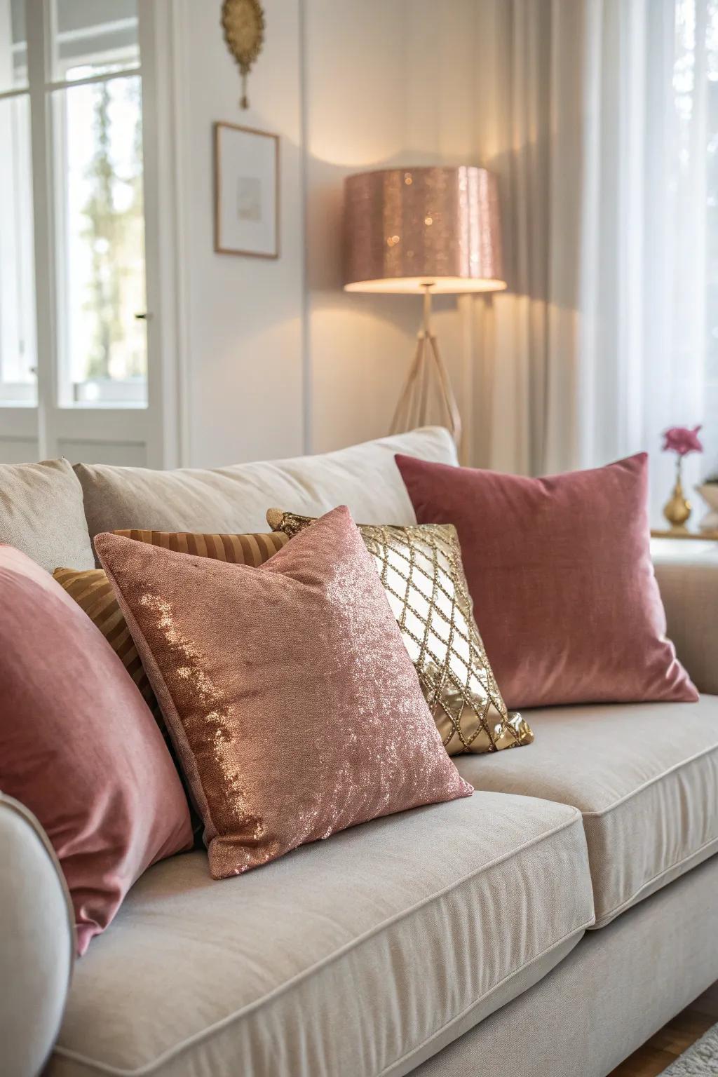 Velvet padded squares in rose gold deliver extravagance and relaxation to the space.