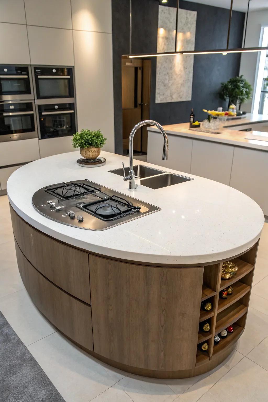 Easy efficiency using fitted appliances inside a circular island.