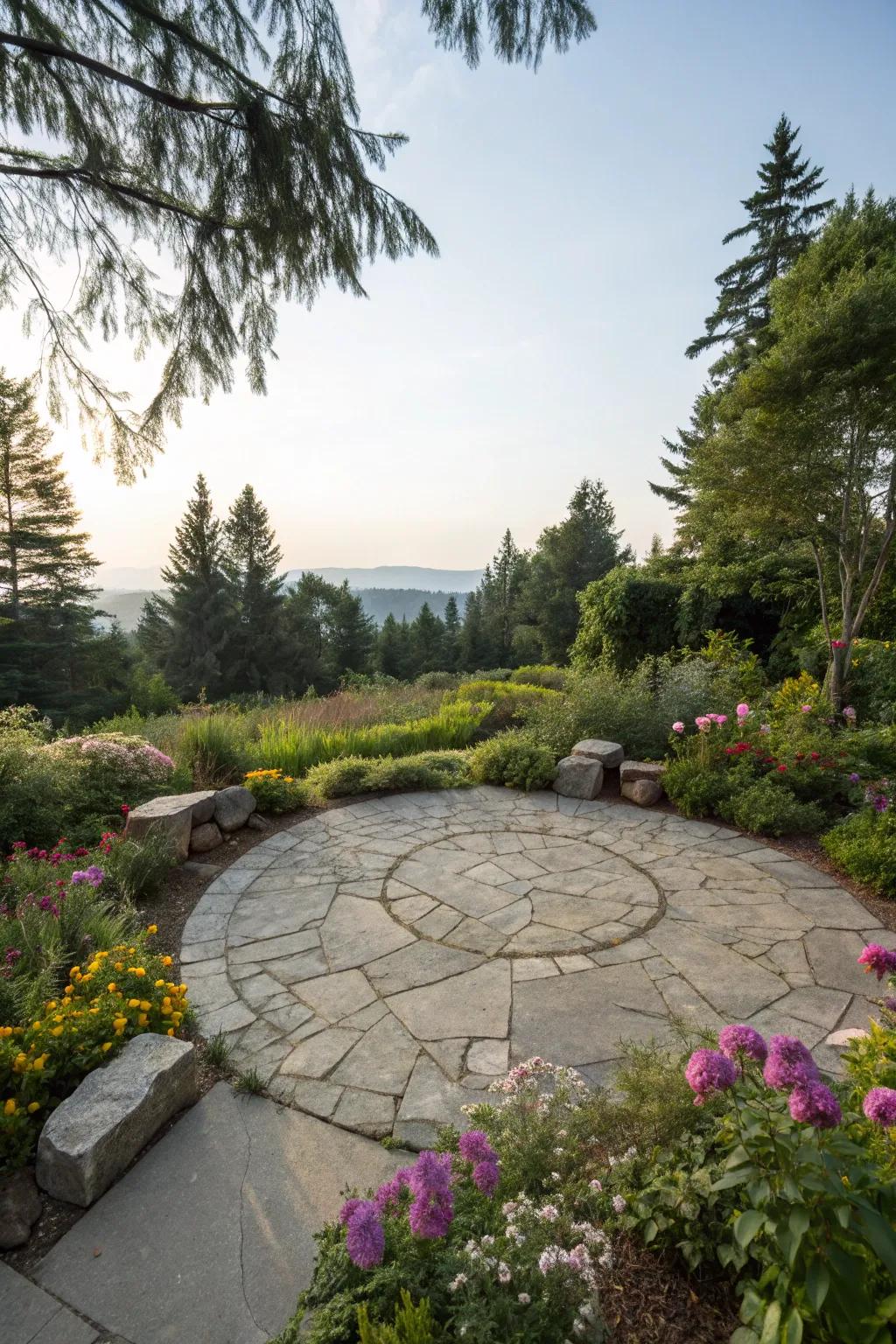Natural stone brings an element of sophistication to this round patio.
