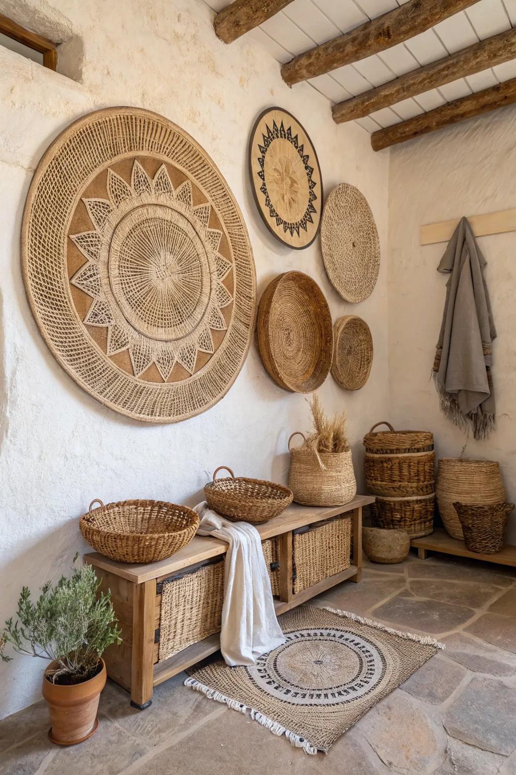 A rustic-themed room showcasing circular woven wall decorations made from natural materials.