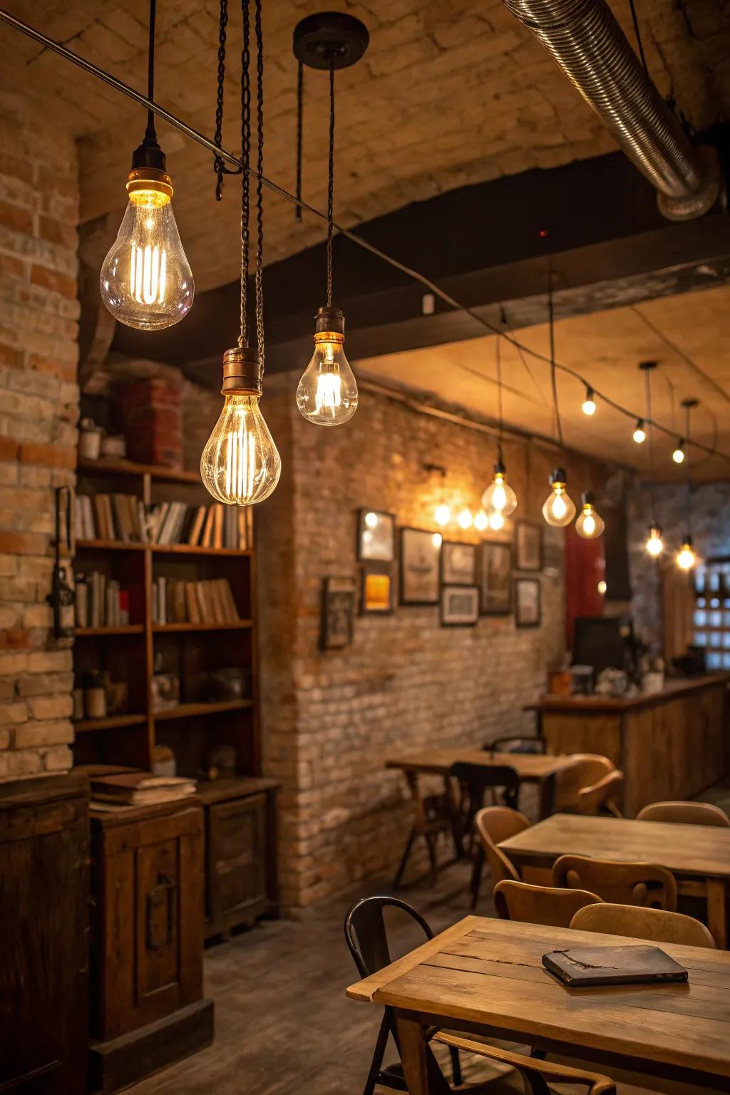 Radiant lighting brings out the cozy character of a rustic basement.