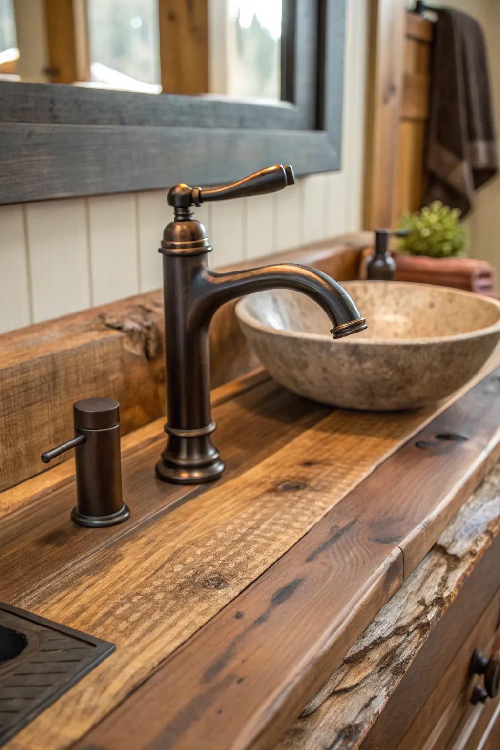 Bronze-toned taps harmonize easily with rustic décor.