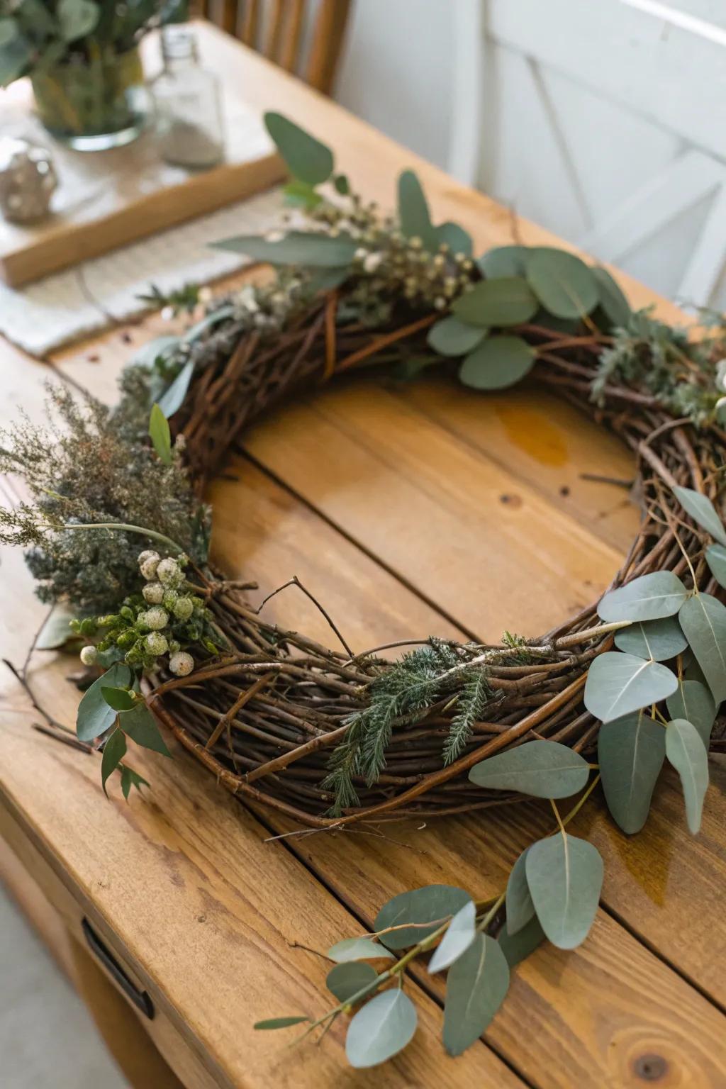 Eucalyptus lends grace and scent to this rustic wreath.