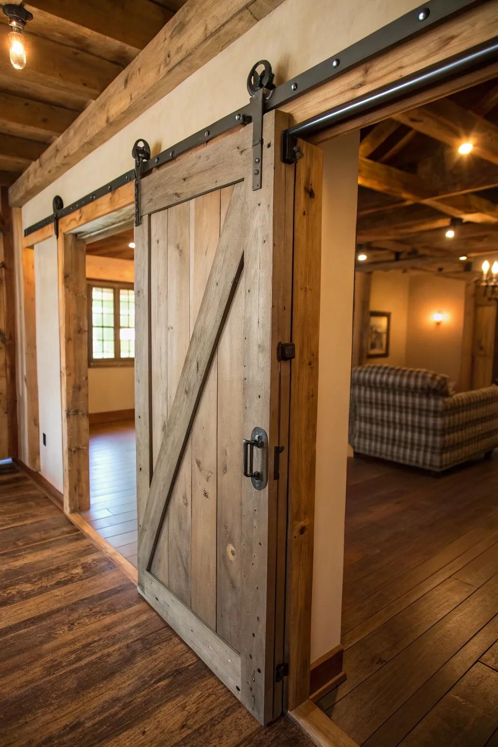 Barn-inspired gliding entry with country fixtures, ideal for adding farmhouse character.