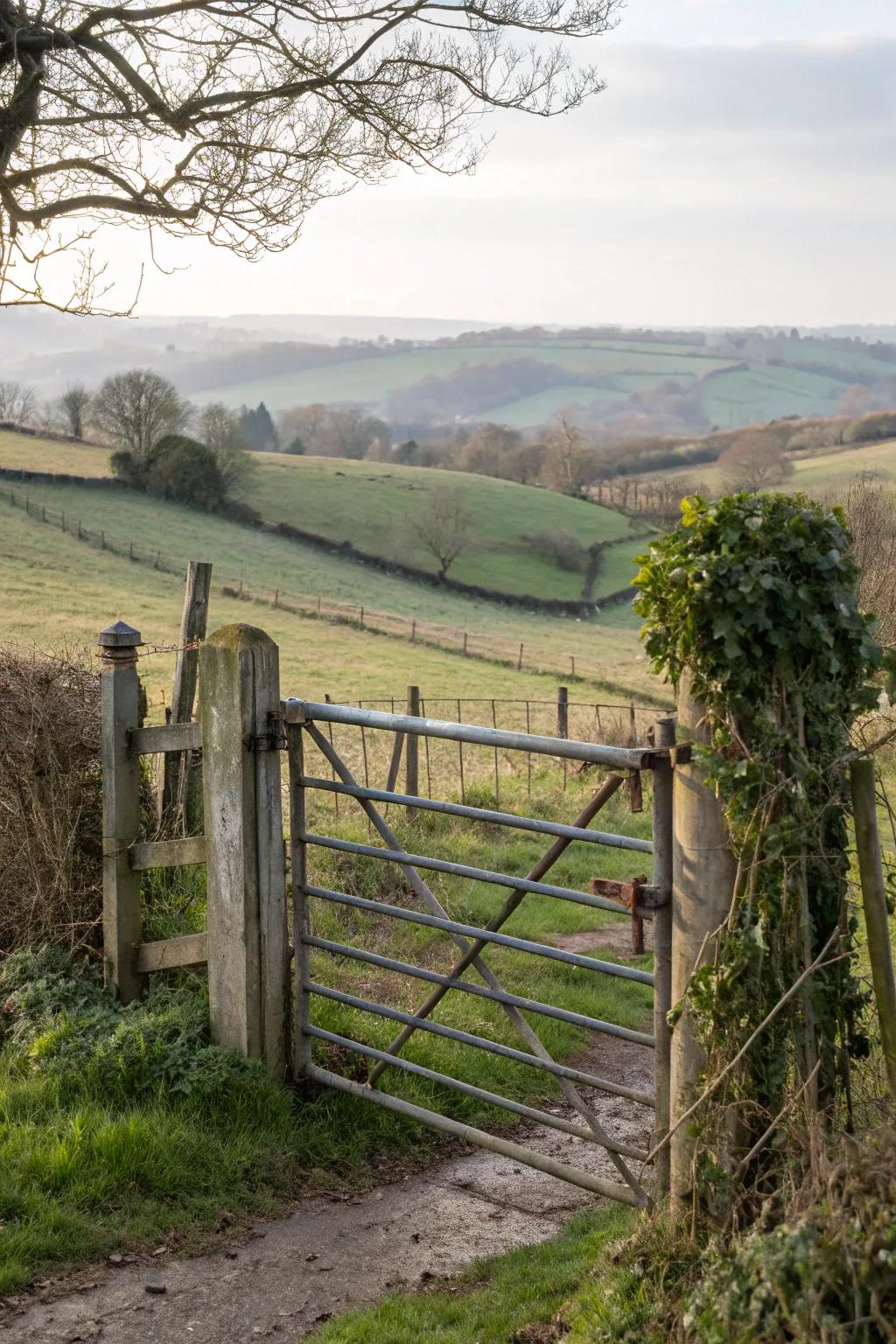 A fusion of metal and wood culminates in a distinctive farm gate.