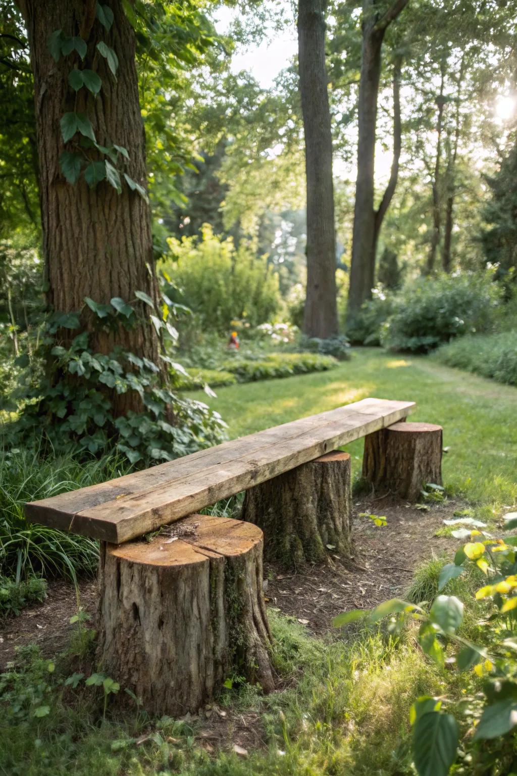 A resourceful use of tree stumps as the base for a rustic garden bench.