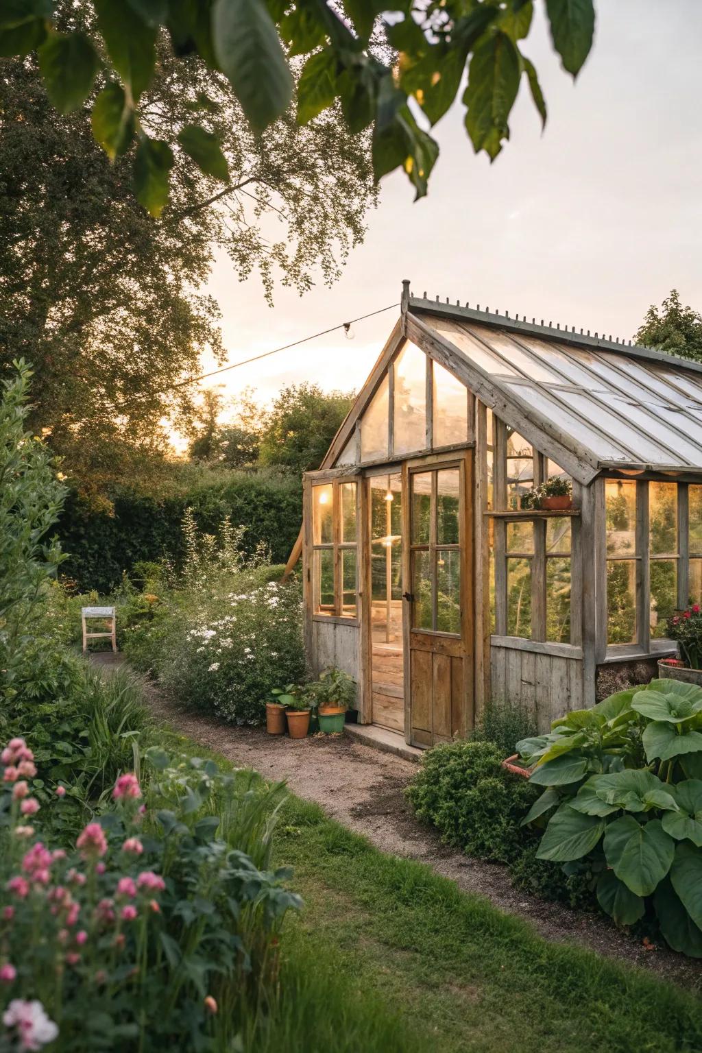 A picturesque timber conservatory nestled within a traditional garden.