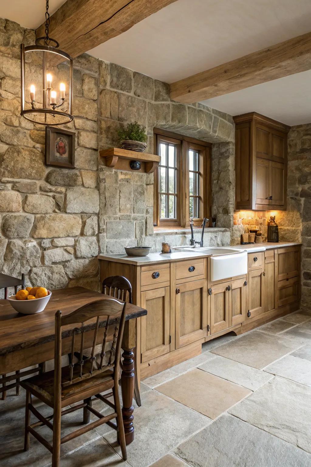 Stone details introduce a durable yet elegant look to country-style cooking spaces.