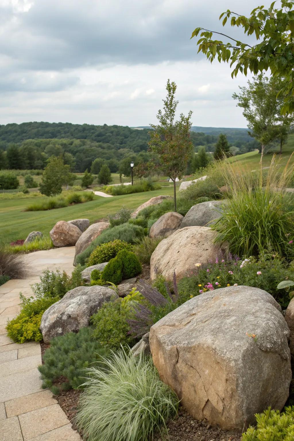 Large rocks creating natural focal points in a garden.