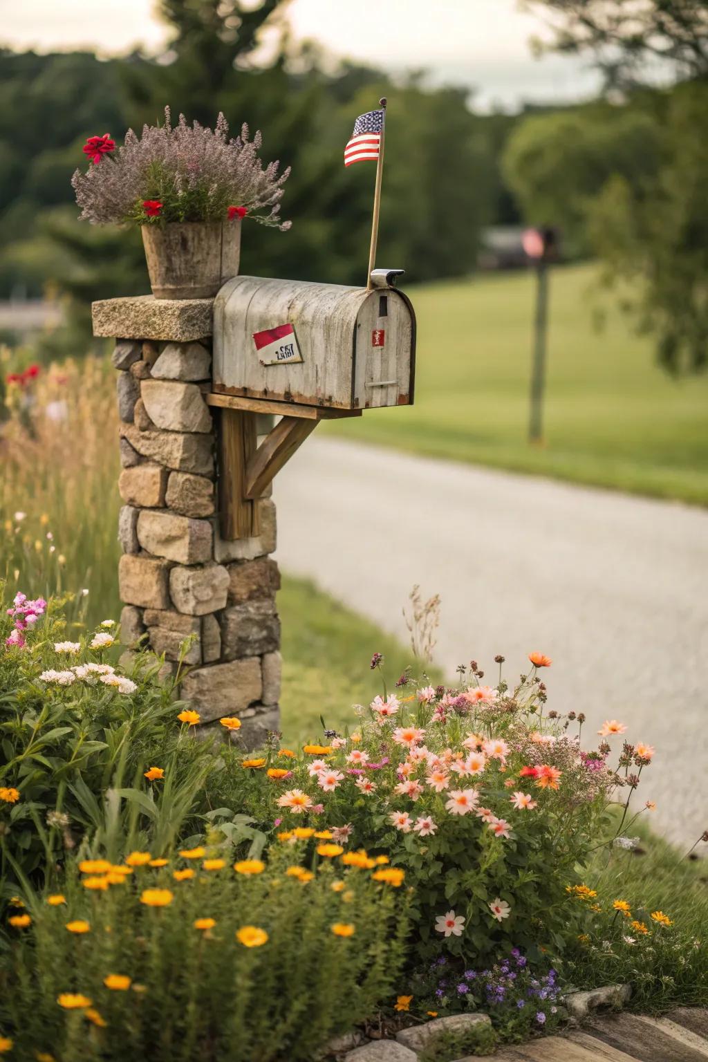 A stone foundation enhances both the stability and visual appeal of this artisan mailbox stand.