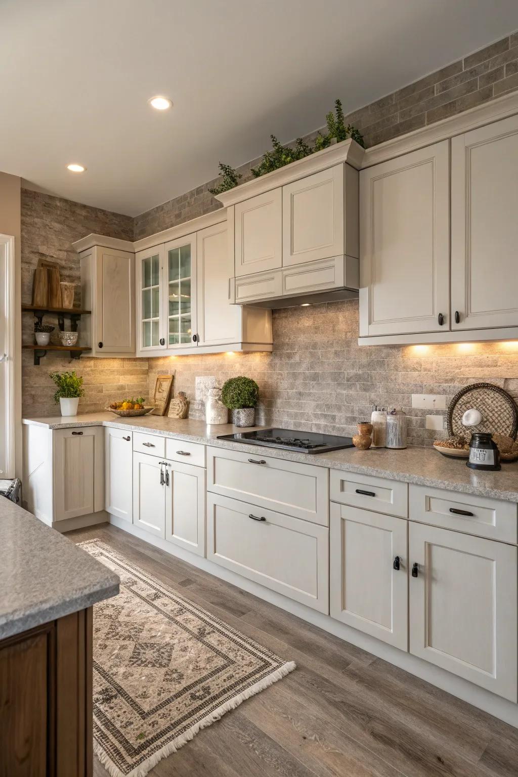 Subdued hues establish a tranquil and timeless kitchen aesthetic.