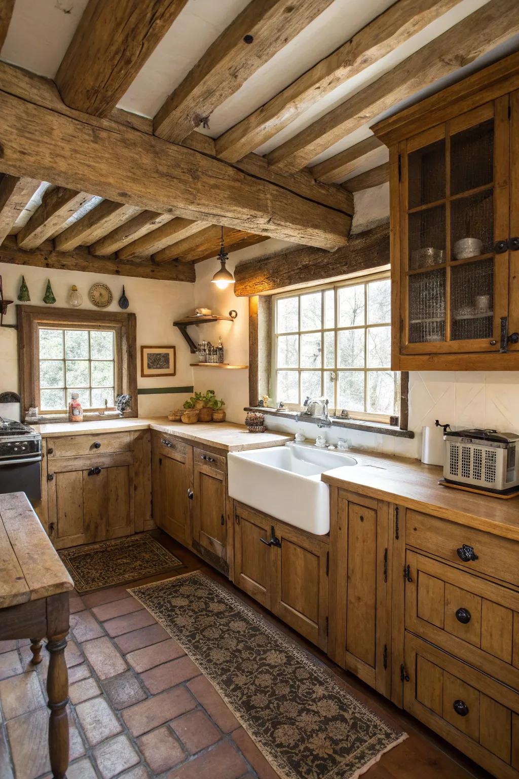 Uncovered timber supports add character to this country kitchen.
