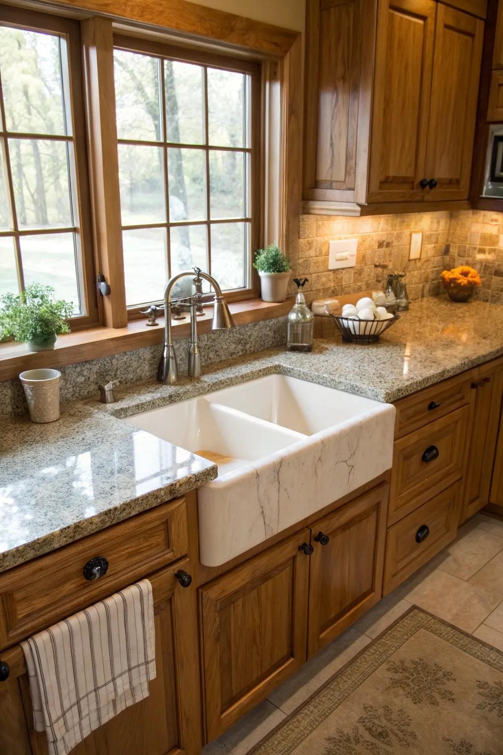A classic apron-front sink serving as the main attraction in a rustic kitchen.