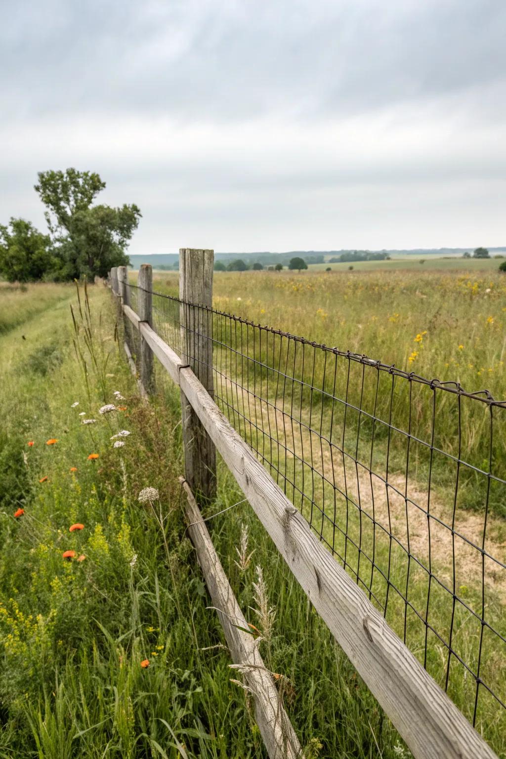 A functional rail fence enhanced with wire mesh for added security.