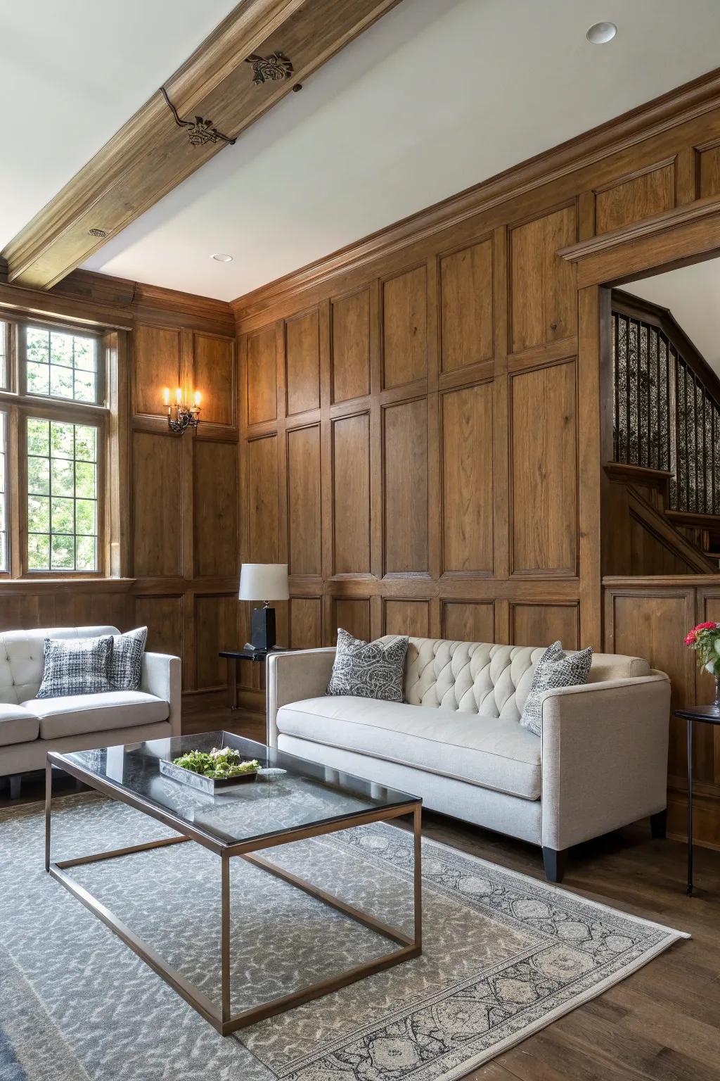 A seamless mix of modern and rural styles with wainscoting.