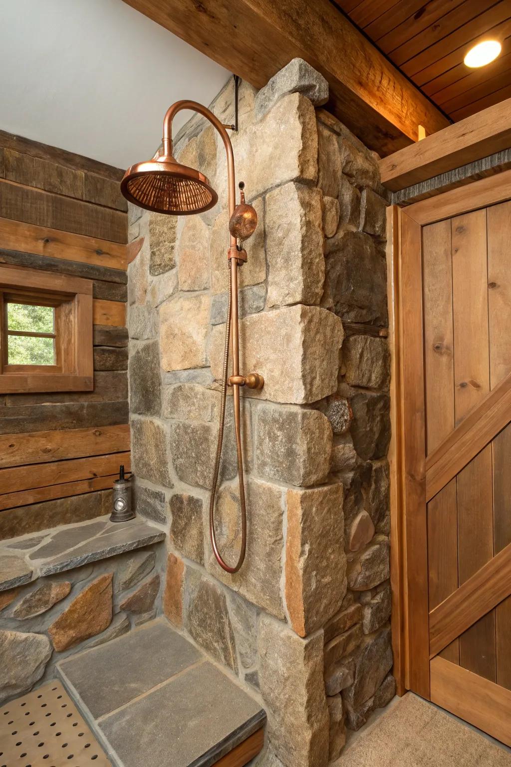 Metal fixtures harmonize effortlessly with rustic textures.