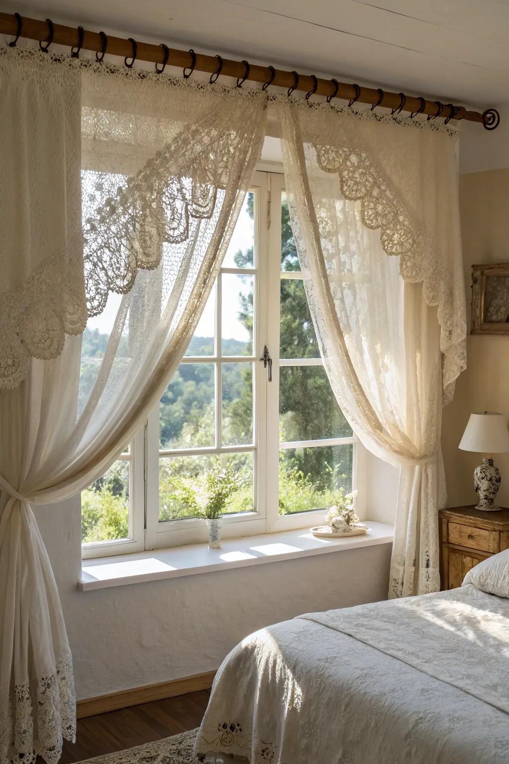 A relaxing bedroom showcasing a fine lace and weave cloth valance that delicately filters sun light.