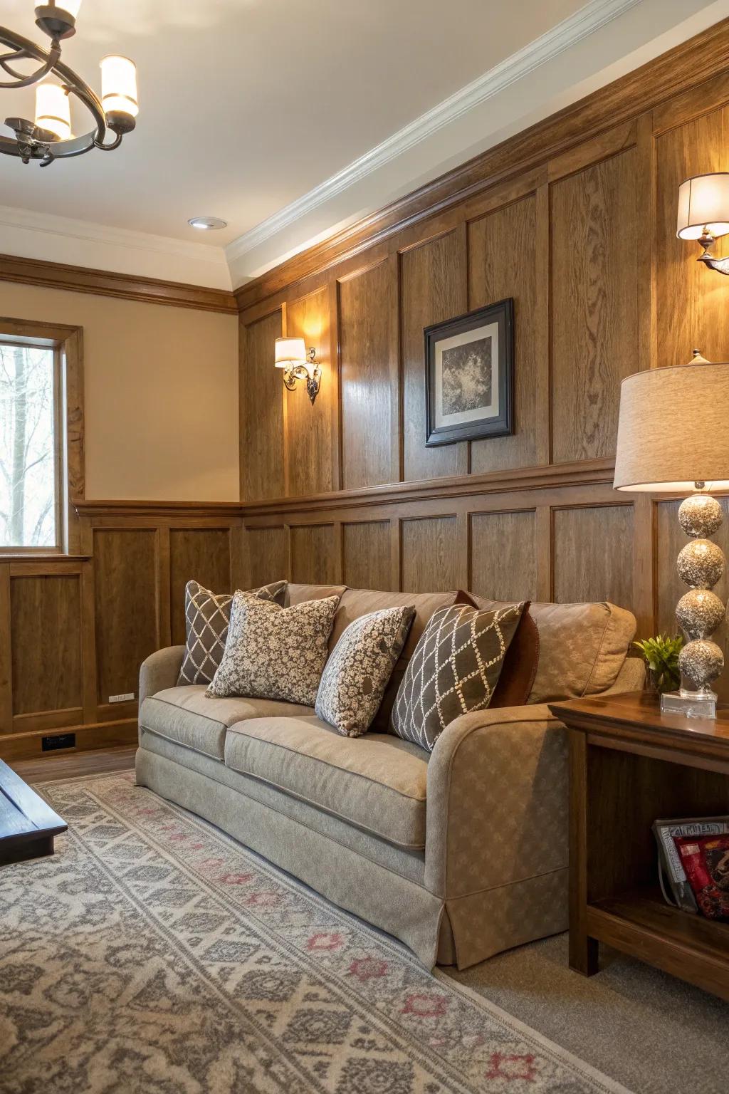 The blending of lumber textures births a lavish and welcoming ambiance.