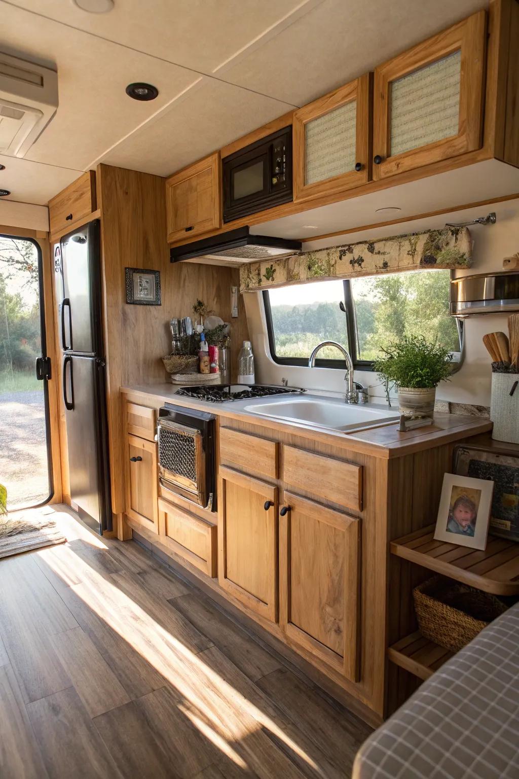 The utilization of natural timber nuances imparts warmth and an inviting character to this RV kitchenette.