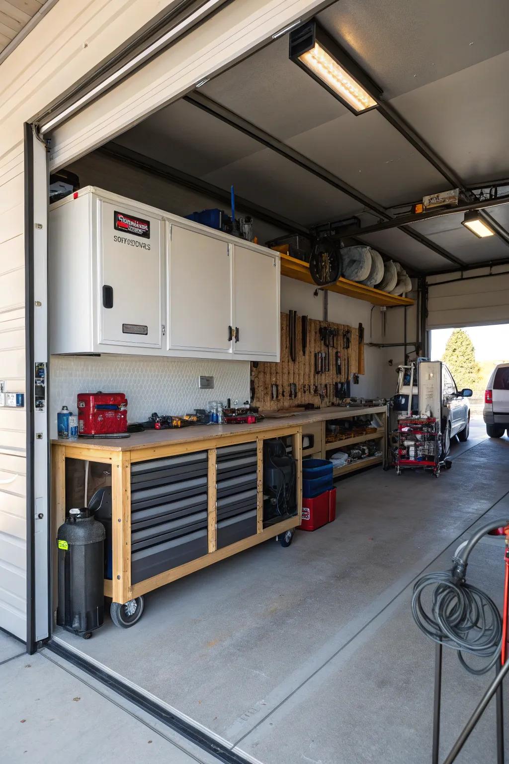 An integrated workshop space in an RV garage inspires creativity and maintenance.