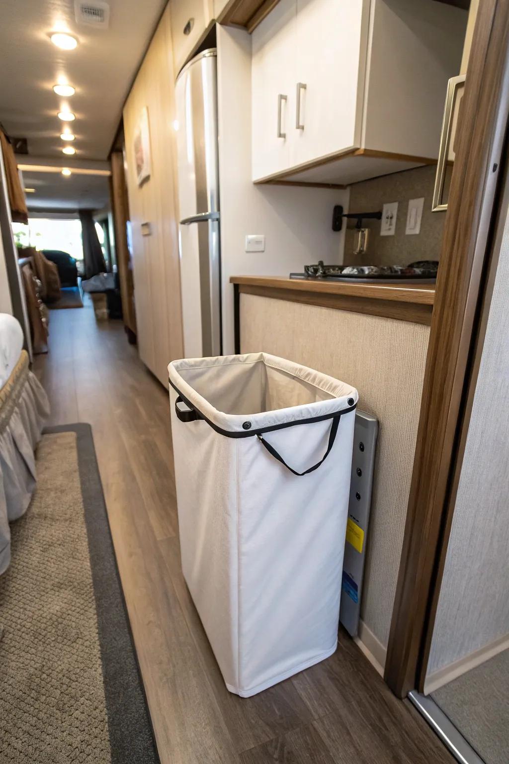 A slender hamper fitting flawlessly in a narrow RV corridor.