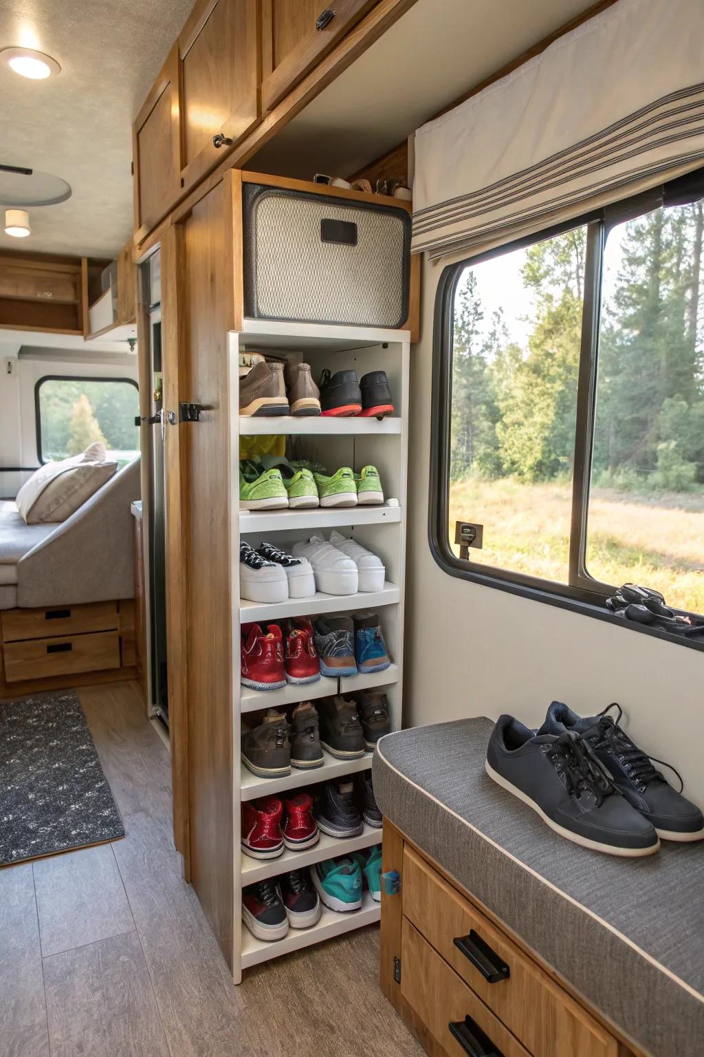 Stack your shoes vertically using elegant shelving structures.