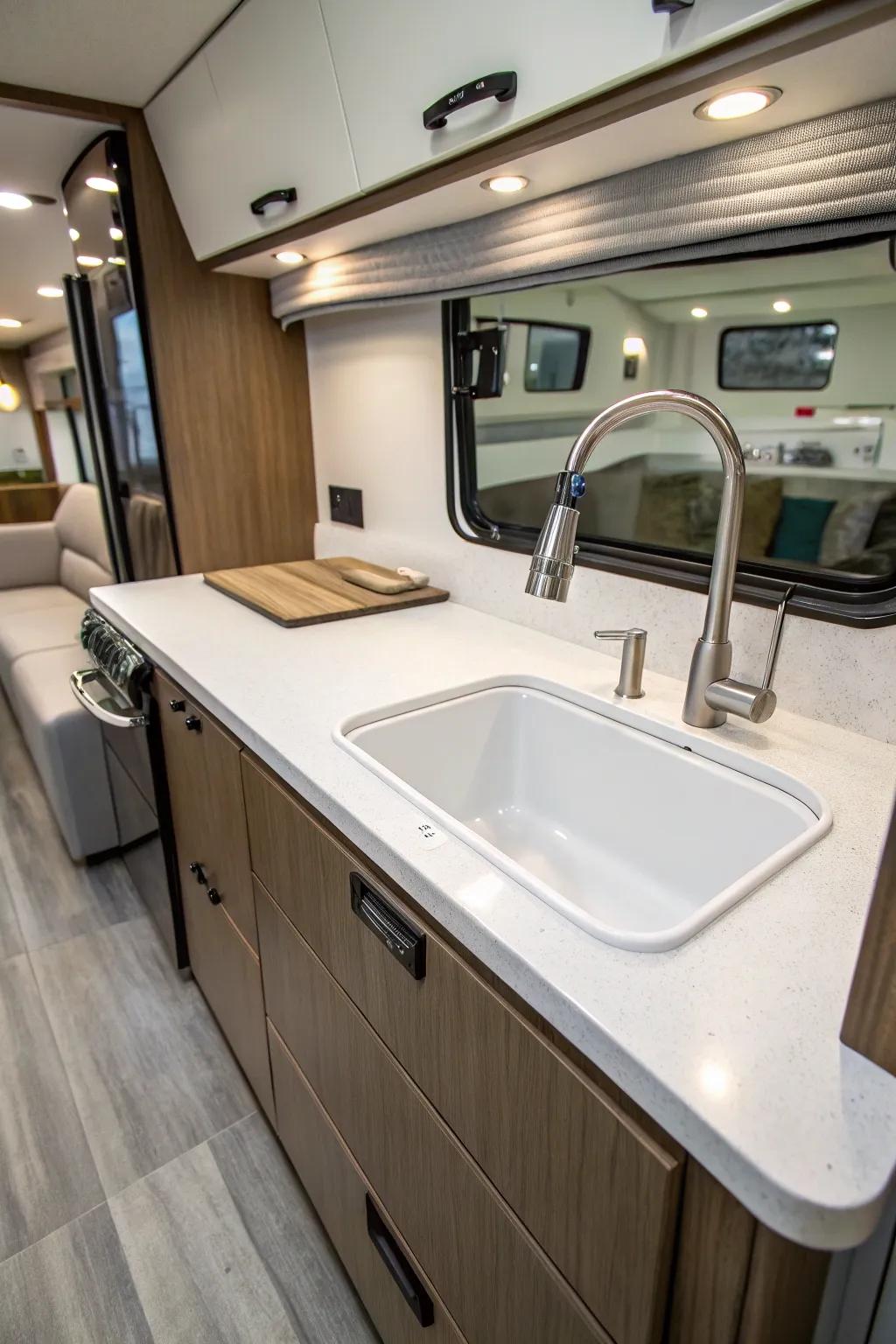 An incorporated basin and counter top for a smooth appearance.