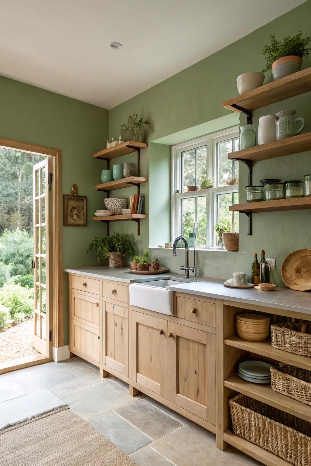 Exposed shelving set against sage green walls for an airy culinary aesthetic.