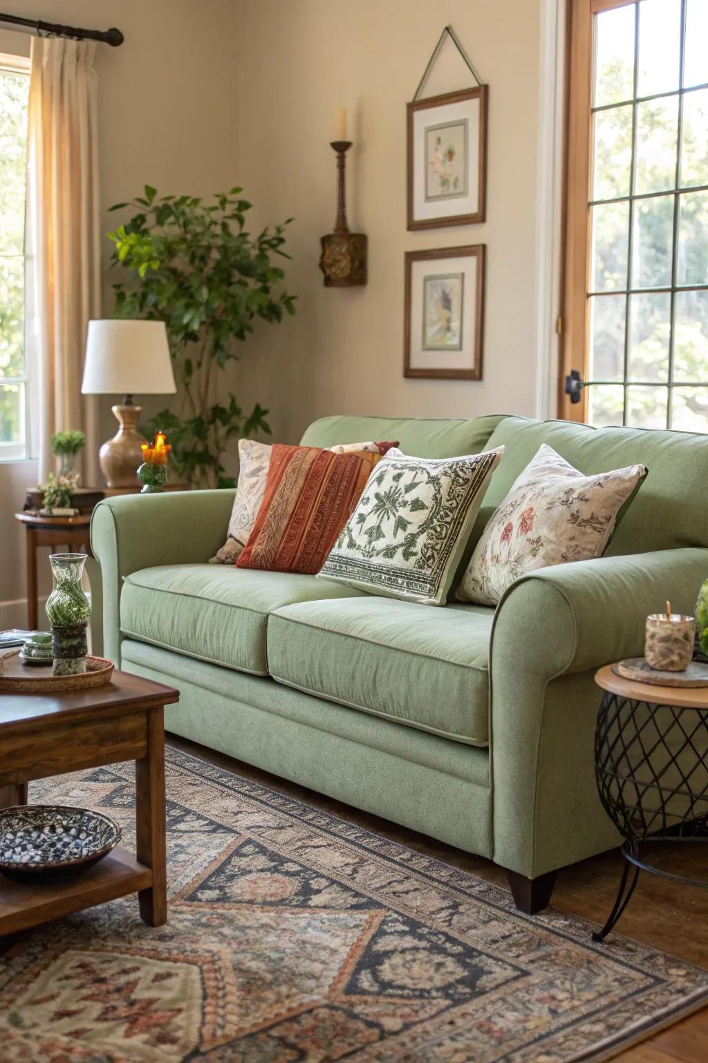 A sage green couch becomes a stylish and calming focal point.