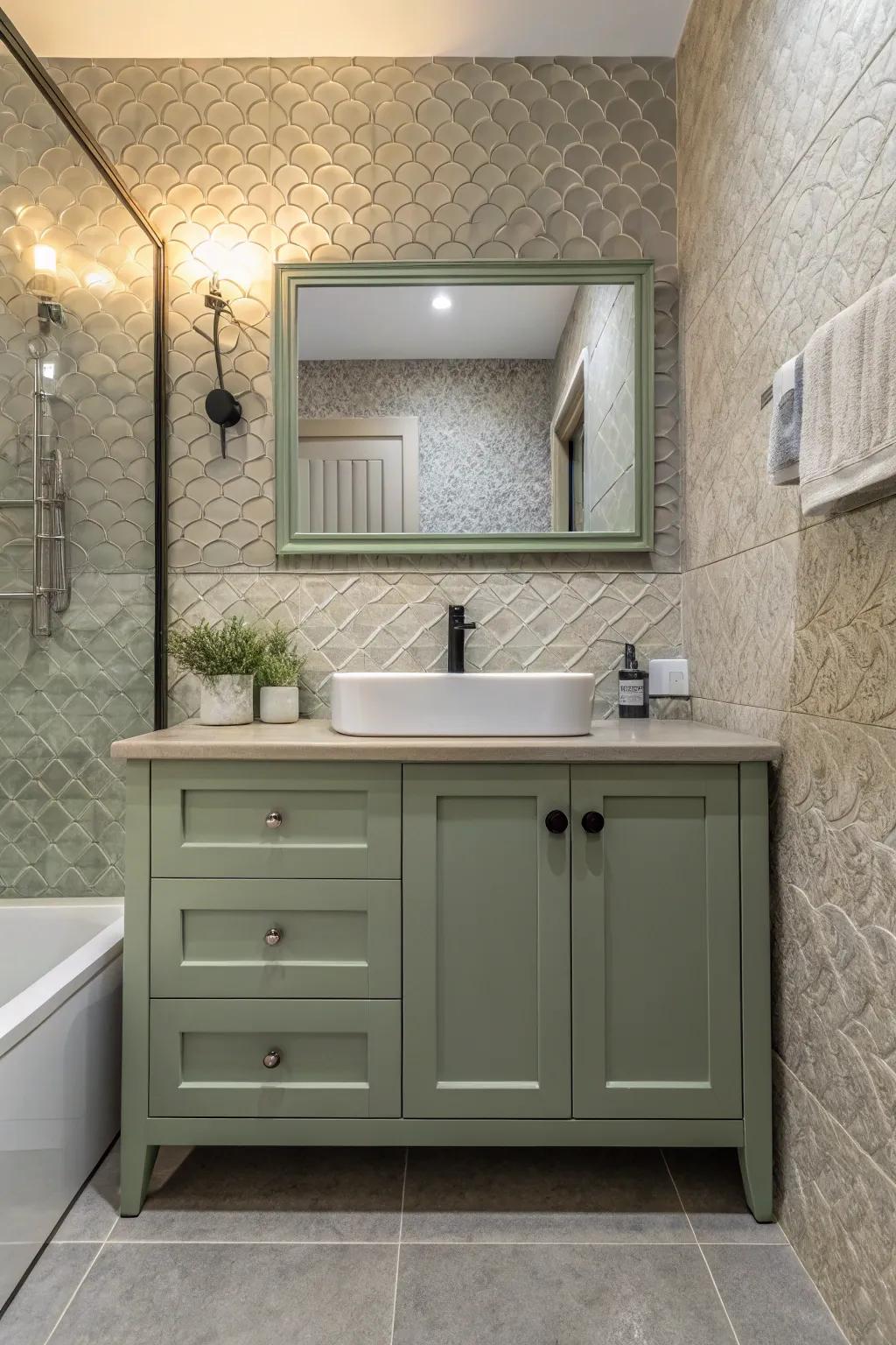 A bathroom highlighting a sage green vanity with textured tiles and gentle textiles.